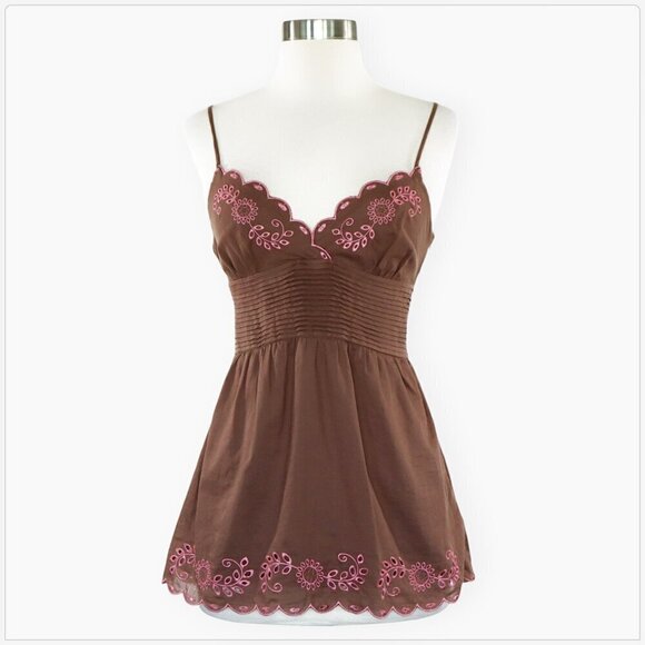 Sweetees Brown & Pink Embroidered Empire Pleated Waist Eyelet Cami Top Size 10 - Picture 1 of 3